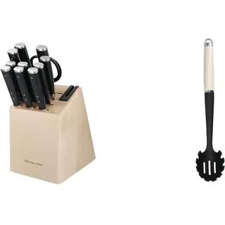 KitchenAid Gourmet 11-Piece Japanese Steel Knife Set with Sharpener and Birchwood Block & Pasta-Servierlöffel, Hitzeresistent, Antihaftbeschichtung, Spaghettilöffel – Almond Creme