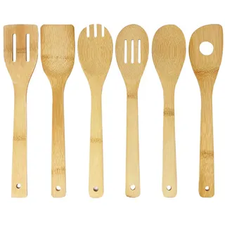 Joeji's Kitchen Küchenutensilien aus Bambus Koch Set aus Holz 6 Widerstandsfähige & stilvolle Bambus Utensilien Holzlöffel Bambusspatel geschlitzter Kochlöffel und Spatel Pfannenwender Spatel mit Loch