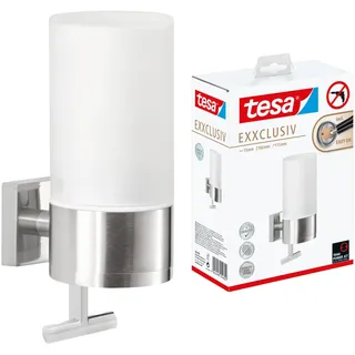 tesa EXXCLUSIV Seifenspender-Set, Milchglas und verchromtes Metall - Flüssigseifenspender zur Wandbefestigung ohne Bohren, inkl. Klebelösung - 73mm x 192mm x 115mm