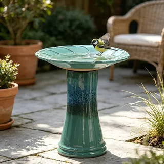 Keramik-Vogelbad Ø43x45cm, Blattrelief, Verlaufsglasur, frostfest, wetterfest, Garten/Terrasse. Teal Blue