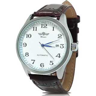 Gute Mechanical mechanische Armbanduhr für Herren, Modell „Winner“, klassisches Design, weißes Zifferblatt, Blaue Zeiger, Armband aus Kunstleder, selbstaufziehend