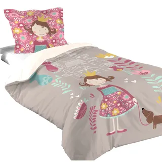 Stof Bettbezug + 1 Kissenbezug, Größe 140 x 200 cm, 100% Baumwolle, Modell Lena, Rosa und Natur, für Mädchen, Fee, Girly, Prinzessin