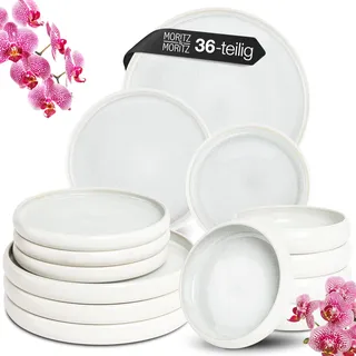 Moritz & Moritz Steingut Geschirrset 12 Personen Creme 36-teilig - Mikrowellen- & Spülmaschinenfest - Steingut Geschirr Set - Essgeschirr, Tafelservice, Kombiservice 12 Personen - Serie Solid Uni