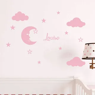 Personalisierbare Namensaufkleber | Mond und Wolken | Wanddeko Kinderzimmer | 2 Bögen à 25 x 30 cm und 40 x 30 cm | personalisierbare Prenom Aufkleber Pink Pulver