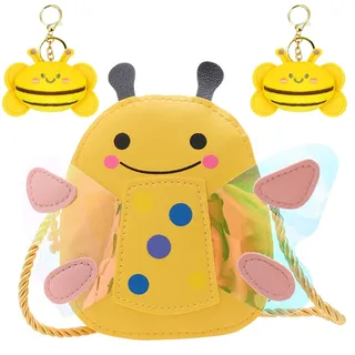 ZenyTra PU Leder Biene Umhängetasche für Mädchen mit 2 Bienen Schlüsselanhängern, Kinder Portemonnaie Jungen Leicht Praktisch Crossbody Bag Kinder Geschenkidee für Urlaub Reise Ostern