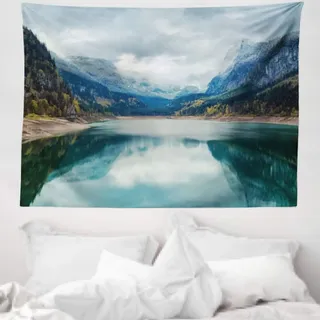 ABAKUHAUS Landschaft Wandteppich, Alpensee mit dramatischem Himmel Wald und Berge Reise Kunst, aus Weiches Mikrofaser Stoff Wand Dekoration Für Schlafzimmer, 150 x 110 cm,Grün Blau Grau
