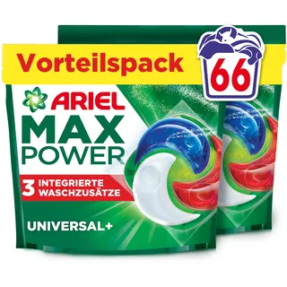 Ariel Max Power PODS®, Flüssigwaschmittelkapseln 66 Wäschen, Universal+, Mit 3 integrierten Waschzusatzstoffen