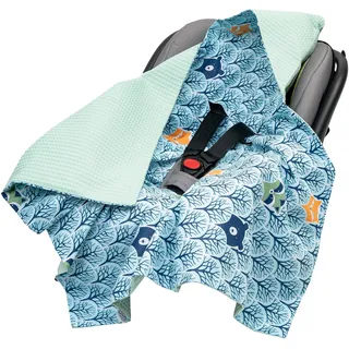 Medi Partners Einschlagdecke Baby Babyschale 100% Baumwolle für Sommer 85x85cm Kinderwagen Kuscheldecke universal Baby Decke Einschlagdecken Babydecke Buggy Autositz (Wald mit Minzer Waffel)