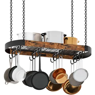 CHOEZON 80,5 cm Küchenregal hängend, hängendes Küchenregal, Topfregal Deckenregal, Topfdeckelhalter, Pfannenhalter, Küchenorganizer mit 16 Haken, Metallgestell, Vintagebraun und Schwarz DTPR09BF