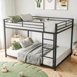 Etagenbett mit 2 Schlafgelegenheiten, Lattenrost und Leiter, 140x200 cm, Kinderbett mit Rausfallschutz, Metallbett - Schwarz