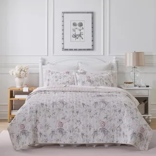 Laura Ashley Kingsize-Bettbezug-Set, wendbare Baumwoll-Bettwäsche mit passenden Kissenbezügen, leicht, Heimdekoration für alle Jahreszeiten, Rosa (Breezy Floral Pink) und Grau
