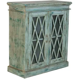 Wanderlust Sideboard aus Holz und Glas mit 2 Türen 90x40x100 cm , Blau , 90x100x40 cm , Kleinmöbel, Kommoden, Sideboards