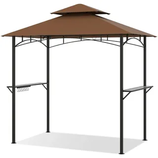 FANTASK Grillpavillon, 240 x 151 x 255 cm, Grill Pavillon Doppeldach mit 7 Haken & Seitenregalen, Grillunterstand wetterfest mit Metallrahmen, Pavillon für BBQ Garten Außenbereich (Braun)