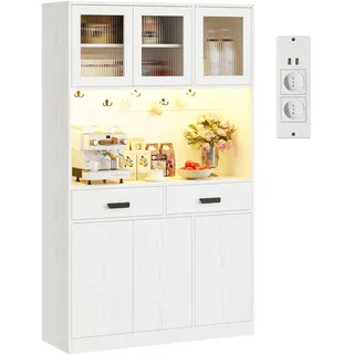 IRONCK Hocher Küchenschrank mit LED Beleuchtung & Steckdose USB Ladeports, Buffetschrank mit Arbeitsplatte 2 Schubladen Magnettüren Sideboard für Kaffeebar Küche Wohnzimmer Esszimmer 180x110x38cm Weiß