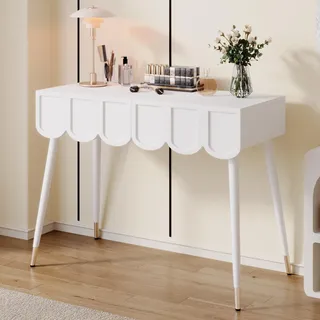 Flieks Schminktisch Schreibtisch mit 2 Schubladen, Schminkkommode Frisiertisch mit Metallfüßen, Wohnzimmertisch 100x40x76cm, Weiß - Weiß