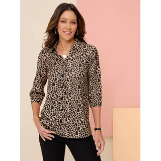 Longbluse CLASSIC BASICS, Damen, Gr. 44, gelb (camel, schwarz, bedruckt), 100% Polyester, bedruckt, gemustert, V-Ausschnitt, Blusen Longbluse