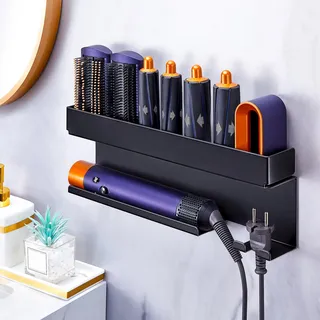 WAYASI Föhnhalter Wand Ohne Bohren, Föhn und Glätteisen Halterung Für Styler Lockenstab Zubehör, Fönhalterung Wandhalterung, Selbstklebend Haartrocknerhalter Organizer Bad (Schwarz)