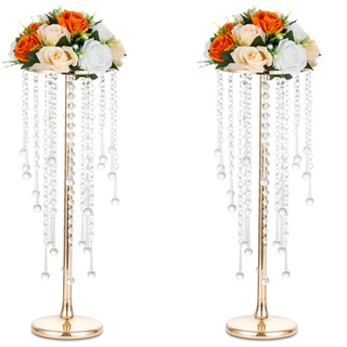 Sziqiqi 55cm Gold Vase mit Kristall Kette Hochzeit Mittelstücke für Tischdekoration – 2 Stück Hoch Vase Blumensäule Metall Vasen Bodenvasen für Party Jubiläum Empfang Verlobung