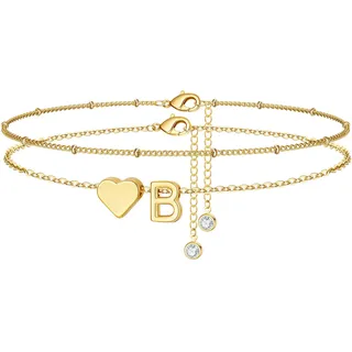 TINGN Fußkettchen für Damen, 14K Gold Vergoldet Herz Buchstaben Fußkettchen Kinder Mädchen Fussketten für Frauen Wasserfest Sommer Strand Fußschmuck Mehrreihige Fußkette Geschenke für Frauen Freundin