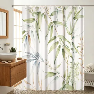 Uiiooazy Duschvorhang 180x200cm, Duschvorhang Anti Schimmel Bambus Grüne Blätter Blau Gelb Pflanzenmotiv Duschvorhänge Stoff Waschbar Wasserdicht Polyester Bad Vorhang mit 12 Haken für Badezimmer