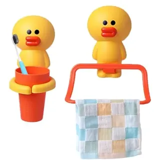 Jauhmui Zahnputzbecher Handtuchhalter Set für Kinder ohne Bohren (Küken)