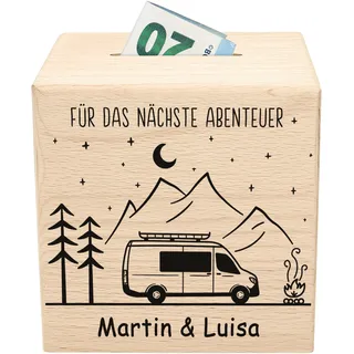 Camper Spardose personalisiert mit Namen Wohnmobil Geldgeschenk Reisekasse für Camper Van Geschenkidee aus Holz