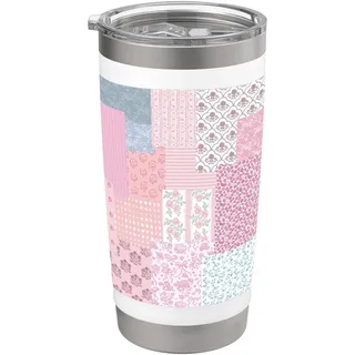 Coquette Floral Patchwork Spitze Blume Streifen Rosa Pfingstrosen Doppelwandiger Edelstahl-Thermobecher