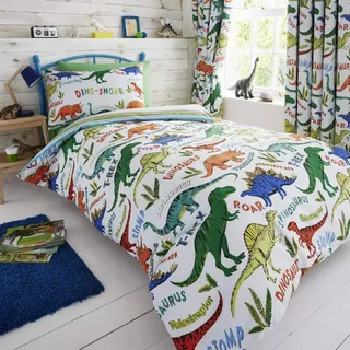 Happy Linen Company Kinder Bettwäsche-Set - Dinosaurier-Motive - wendbar - Grün - Einzelbett