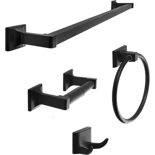 SENTO Cellar Classic Bathroom Accessories Set, Heavy Duty Metal Bath Hardware Set Wall Mounted, Includes Robe Hook, Standard Toilet Paper Holder, Towel Ring, 24” Towel Bar (4-Piece, Matte Black)