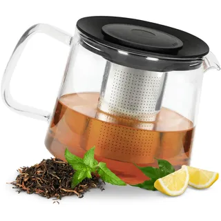 Teekanne "Tea-Time" mit Sieb Edelstahl 1,0 Liter Borosilikatglas Teebereiter Glaskanne Teesieb Filter rostfrei mit Deckel Zubereiter geeignet für kalte und heiße Getränke