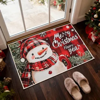 Shyllin Fußmatte Weihnachten, Schneemann Weihnachten Fußmatte, Schmutzfangmatte Waschbar für Innen und Außen, rutschfest Weihnachts Fußmattes für Flur, Wohnzimmer, Badezimmer, 40 x 60 cm