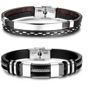 Adramata 2Pcs Armband Herren Lederarmband Armband Silikon Schwarz Edelstahl Verstellbar Armreif Manschette Armbänder Herren Schmuck Geschenk