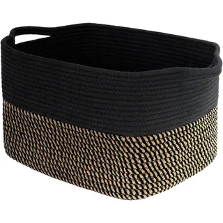 Pomodee Aufbewahrungskorb,Gewebter Korb mit Griff,Baumwollseil Wäschekorb Geflochtener Korb für Regal,Wohnzimmer,Kinderzimmer,Badzimmer,34 x 28 x 24 cm,Jute & Schwarz