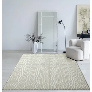 Mia's Teppiche Cielo Moderner Dichter Kurzflor Teppich, Wohnzimmer, Schlafzimmer, Eleganter Glanz, Glanzfaser, Hoch-Tief Effekt, Feder, Creme, 80 x 300 cm