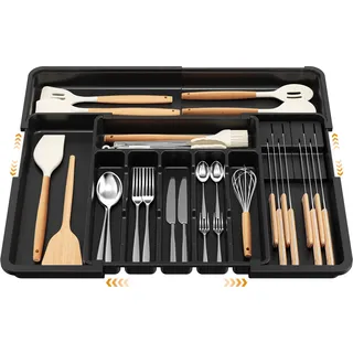 euqvunn Erweiterbarer Besteckkasten für Schubladen 6-9 Fächer Verstellbar Schwarz