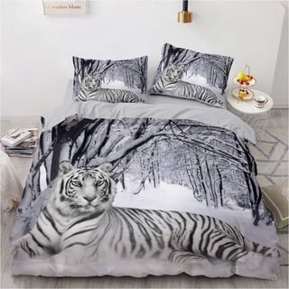 YASMENG Tiger Bettwäsche 135x200 Tiermotiv Schnee Weiß 3D Bettbezug Set Weich Flauschig Mikrofaser Bettwäsche 2teilig für Geschenke Zimmer Deko mit Reißverschluss und 80x80 cm Kissenbezug