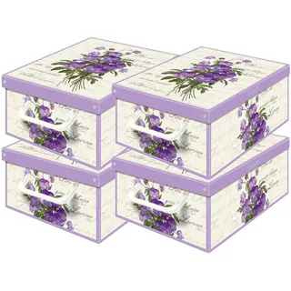 Set aus 4 Aufbewahrungsboxen mit Deckel – Große Kleiderboxen aus Karton 25x35x17,5 cm – Robust, leicht zu montieren, mit Tragegriffen – Perfekt für Kleiderschrank & Saisonwechsel Veilchen