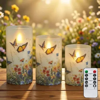 Maxspace Flammenlose Kerzen mit Fernbedienung und Timer, 3er-Set LED-Kerzen Flackernde Flamme, Batteriebetriebene Kerzenlampe, Rosa Lilien Stumpenkerzen für Wohnzimmerdekoration (Schmetterling)