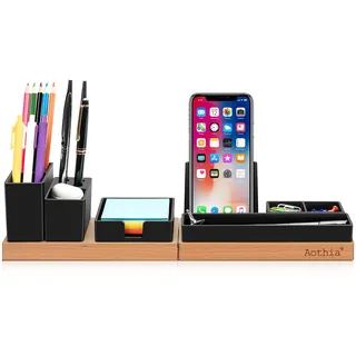 Schreibtisch Organizer-Aothia Tischorganizer Holz-Büro Organizer-Verstellbarer Stifthalter, Telefonständer, Haftnotizen,Bleistiftschale, DIY-Dekoration-Tisch Organizer,Schwarz
