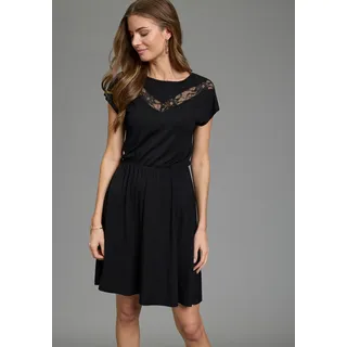 Abendkleid LAURA SCOTT, Damen, Gr. 42, N-Gr, schwarz, Jersey, Obermaterial: 95% Viskose, 5% Elasthan. Spitze: 100% Polyester, unifarben, figurumspielend mini, Rundhals, angeschnitten, Kleider Abendkleid, mit U-Boot-Ausschnitt, mit Spitzenapplikationen, unifarben, Kurzarm