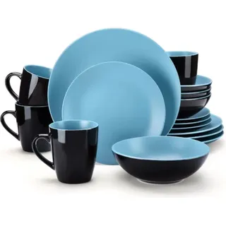 Azzuro Serviesset – 16-teilig – 4 Personen – Blau/Schwarz Keramik – Diner-, Frühstücks- & Tiefe Teller – Küchenservies - Schwarz