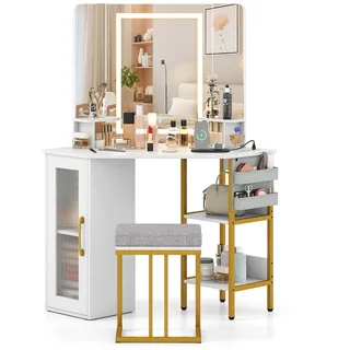 COSTWAY Eck Schminktisch mit Hocker, LED Beleuchtung & Ladestation, Eck-Frisiertisch Kosmetiktisch mit Dreifachspiegel & Stauraum Holz Metallrahmen - Weiß