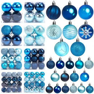 LOVEINUSA Weihnachtskugel-Ornament-Set, 100 Stück, bruchsichere Weihnachtskugeln, sortierte Blaue Weihnachtskugeln, Glitzer, hängende Dekorationen für Weihnachtsbaumkranz, Weihnachtsfeier