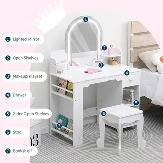 Schminktisch für Kinder - Frisierkommode mit beleuchtetem Spiegel und Hocker - Verstellbares LED-Licht - Aufbewahrungsschublade - Holz - Grün
