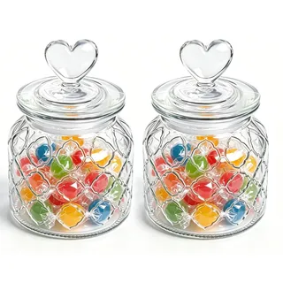 Gnaxyzthor 2 Stück Candy Bar Gläser, Bonbonglas Mit Herzform, 650ml Transparente Keksdose, Vorratsbehälter für Süßigkeiten, Dekorative Vorratsgläser mit Deckel für Candy Bar, Küche