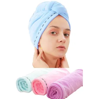 Laicky 3 Stück Mikrofaser Handtuch Haare Haarturban mit Knop zumTrocknen von Haaren, super saugfähig, verdrehter Turban,passend für Lange, Kurze, Locken, gerade Haare, (Pink Blau Lila)