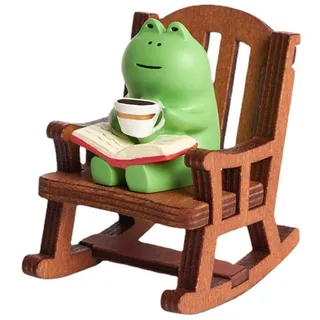 KARLOR Frosch Figure Deko Klein, Froschcharakter trinkt Kaffee auf Schaukelstuh, Frosch Statue Auto Ornamente Frosch Garten Deko Puppenhaus Dekoration Desktop Tisch deko