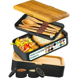 Umami Brotdose mit Fächern und 4 Bestecke, Alles-in-Einem Lunchbox Erwachsene für Männer/Frauen, 2 Soßentöpfe, Auslaufsicher Bento Box Brotbox