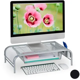 Relaxdays Monitorständer, Schublade, 2 Seitenfächer, Bildschirmständer bis 29 Zoll, HxBxT: 15 x 51 x 29,5 cm, silber