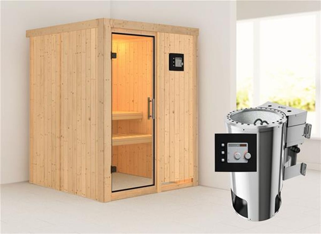 Bild von Sauna Minja 68mm Fronteinstieg, 3,6 kW Bio Saunaofen 3,6kW ext. Klarglastür